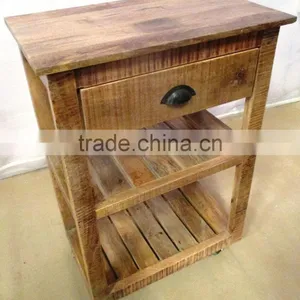 Indian Natural Wood Side Table With Wheels thumbnail-1