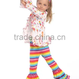 Wholesale Girls Ruffle Sleeve Raglan Fashion Printed Icing Ruffle Raglan Shirt and Pants Girls Clothes Set thumbnail-4