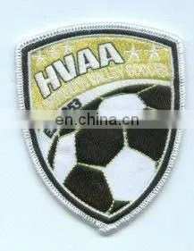 China Factory Custom Shield Shape Football Soccer Embroidered Patch, Overlocked Adhesive Embroidery Badge thumbnail-1