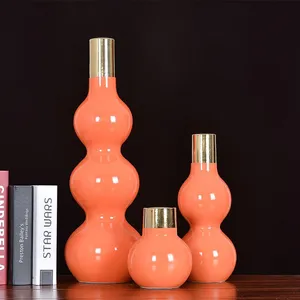 Orange Gild Gourd Chinese Modern Simple Electroplate Ceramic Plant Vase For Office Decor thumbnail-1