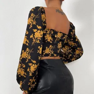 Floral Print Women Long Sleeve Crop Blouse thumbnail-4