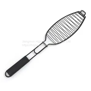 BBQ Fish Grill Basket Chrome Plated BBQ Barbecue Grill Accessories Mesh Wire Fish Basket With Wood Handle thumbnail-1