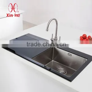 Durable Stainless Steel Bowl Tempered Glass Top Basin Sink for Kitchen With Glass Drainboard thumbnail-1