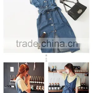 Elegant Ladies Stand up Collar Embroidery Pleat Flare Loose Blue Long Denim Dress and Jeans Shirt Dress Coat for thumbnail-5
