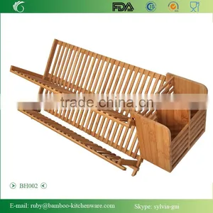 BH002/ Unique Counter Kitchen Decor Bamboo Folding Dish Drying Stainless Steel Utensil Rack thumbnail-1