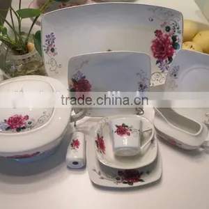 Hot Sales High Quality Nice Rose Flower Square Shape Ceramic Porcelain Dinner Set thumbnail-1