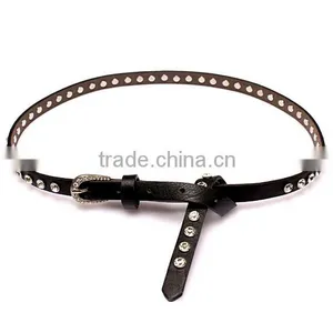 Fashion Rhinestone Decorated Pin Buckle Sex Girl Black Thin PU Waist Belt thumbnail-2