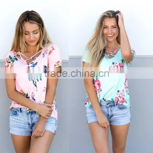 Customize t Shirt Cheap Criss Cross Fancy Floral Tunic Tops thumbnail-1