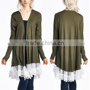 Women Nylon Spandex Stretch Blend Olive Lace Trim Open Cardigan 2017 New Arrival thumbnail-1