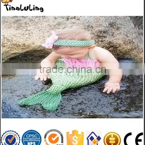 2017 New Baby Girls Knit Crochet Pink Hairband Bra Green Mermaid Costume Photography Props thumbnail-1