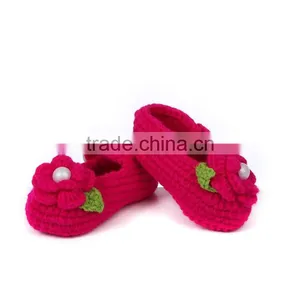 Green Leaves Embellished Hand Made Crochet Knitting Flower Girl Shoes thumbnail-4