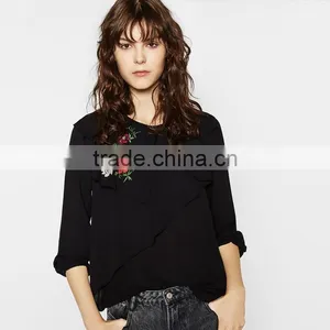 Emboridered Bottle Green Long Sleeve Chiffon Women Loose Shirts thumbnail-1