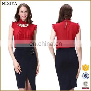 Dark Red Sleeveless Front Pleated Cape Collar Chiffon Blouse And Shirt Tops thumbnail-1
