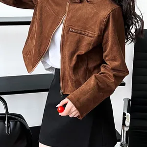 Luxi Early Autumn New Retro Stand up Collar Buckle Suede Jacket Women's Hong Kong Style Short Motorcycle Jacket Top thumbnail-3