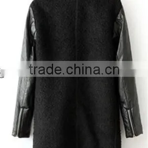 Black Contrast Leather Quilted Sleeve Wool Zipper Coat thumbnail-2