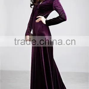 2014 Long Sleeve Velevt Evening Dresses Elegant Purple Long Dresses Long Sleeve Velevt Evening Dresses of Velvet Dresses thumbnail-3