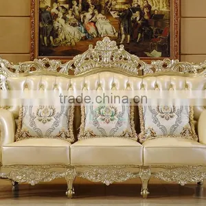 Graceful New Classic Living Room Sofa Solid Wood Carving Champagne Goldfoil Genuine Leather Sofa Set thumbnail-4