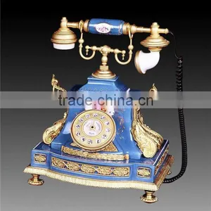 Antique Curio Ceramic Telephone Table Clock, Gold Plated Brass Footed Desk Clock, Collectable Home Decorative Table Clock thumbnail-3