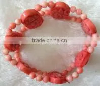 Wholesale 7" 15-20mm Pink Round and Carved Natural Coral Beaded Bracelet thumbnail-1