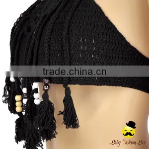 Bohemia Style Black Plain Knitting Halter Decorative Tassel Kids Holiday Swimwear Yong Girl Indian Remake Photo Bikini Bra thumbnail-2