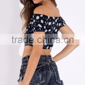 Fashion Off-shoulder Design Short Sleeve Crop Top for Women, Floarl Print Women Tank Top thumbnail-3