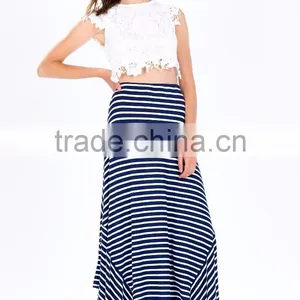 2015 Wholesale Fashion Design Women Stripe Long Skirt Asymmetrical High Waist Maxi Long Skirt for Women thumbnail-6