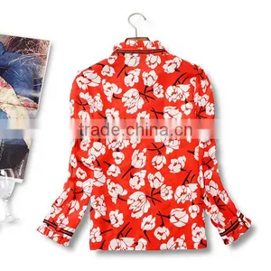 Wholesale Custom Long Sleeve Silk Blouse Printing Red Floral High-necked Daily Top for Ladies Summer Blouse thumbnail-5