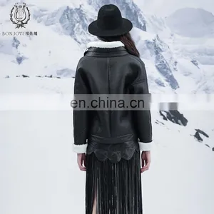 Cool Style Black Genuine Leather Jacket Women's Merino Sheepskin Fur Coat Punk Real Fur And Leather Jacket thumbnail-6