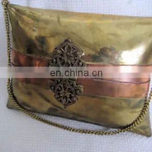 Vintage Decorative Brass and Copper Pillow Purse With Velvet Interior thumbnail-1
