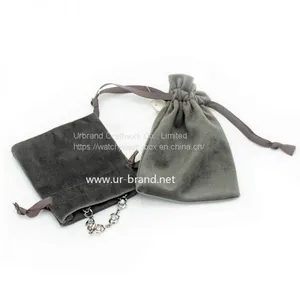 Custom Logo Printed Drawstring Cosmetic Packaging Velvet Bag Gray Jewelry Pouch For Bracelet / Necklace thumbnail-1