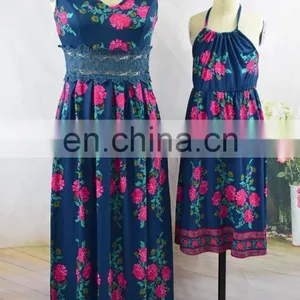 Fashion Design Mommy and me Outfits Blue Floral Printed Mother Daughter Matching Dress thumbnail-4