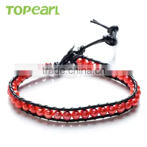 Topearl Jewelry Potato Shape Red Freshwater Pearl Bracelet Woven Leather Wrap Bracelets Cheap Leather Bracelets CLL159 thumbnail-1