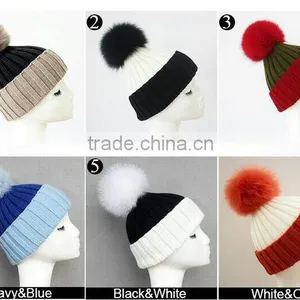 KH31 Wholesale Factory Price Wool Knitted Hat With Fox Fur Pompons thumbnail-3