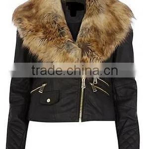 WINTER WOMAN BLACK FAUX FUR COLLAR PU BIKER JACKET thumbnail-1