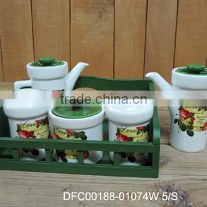 Ceramic Rose Decal 5pcs Condiment Set With Green Wooden Stand thumbnail-1