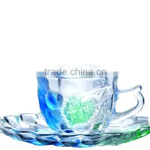 Leave Pattern Glass Coffee Tea Cups and Saucers thumbnail-1
