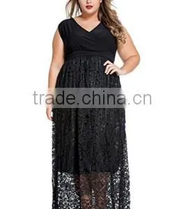 Women's Plus Size V Neck Sleeveless Prom Lace Black Dresses thumbnail-1