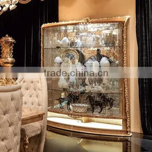 Luxury Golden Fou- Door Display Showcase, Gorgeous Decorative Glass Display Cabinet, Solid Wood Carved Wine Cabinet thumbnail-1