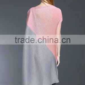 Women Pleat Trendy High Low Hem Design Sloping Shoulder Dress thumbnail-3