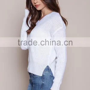 MGOO New Arrival Women V Neck Sweaters Split Long Sleeves Knitted Fast Fashion Tops Plain White Sweaters thumbnail-4