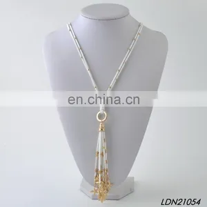 Bohemian White Suede Tassel Pendant Necklace Jewelry With Gold Starfish and Leaves Pendant on Tassel thumbnail-1