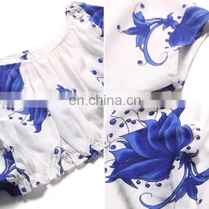 Ladies Crop Top Blue Floral Print Off Shoulder Tops thumbnail-6
