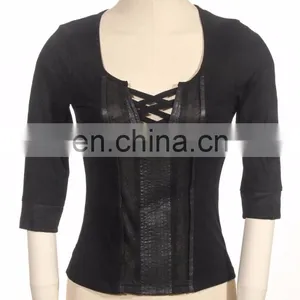 Gothic Natural Cotton Female Top With V-neck Laced Cut thumbnail-1