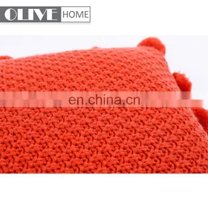 2018 Fashion Sofa Decorative Handmade Plain Acrylic Knitted Cushion Cover With Pompom thumbnail-4