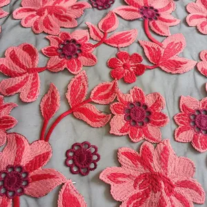 XF6046 Hot Pink Luxury Embroidery Lace Fabric Fashion Design Mesh Fabric For Dress thumbnail-1