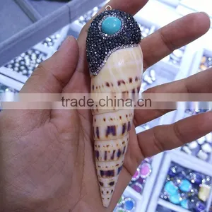 JF6894 Great Natural Sea Shell,miro CZ Pave Cap Long Conch Tip Pendant thumbnail-1