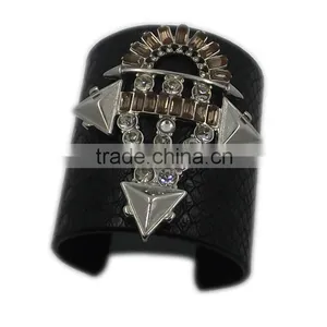 Crystal Stone Big Size Bangles Black Leather thumbnail-1