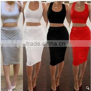 Stylish Lady Women's Casual Sexy High Elastic O-neck Sleeveless Tank Tops And Pencil Skirt Set thumbnail-1