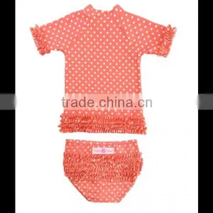 (SM112#coral )2-6T Deep Coral Polka Dot Ruffled Rash Guard Bikini for Children Clothing thumbnail-3