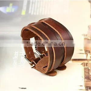 Top Quality Men's Biker Simple Stainless Steel Black Leather Bracelet thumbnail-1